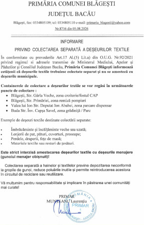 INFORMARE  PRIVIND  COLECTAREA  SEPARATĂ  A  DEȘEURILOR  TEXTILE  